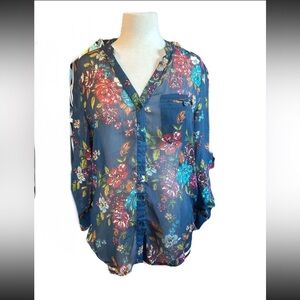 Kut from the Kloth Navy Floral Sheer Sinclaire Button Down Blouse Size Medium